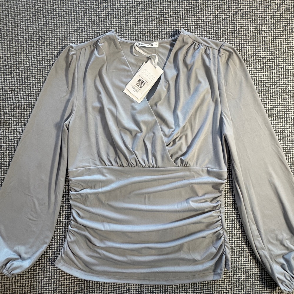 Grace Karin Womens Grey Surplice V-Neck Ruched Long Sleeve Blouse Size L NWT